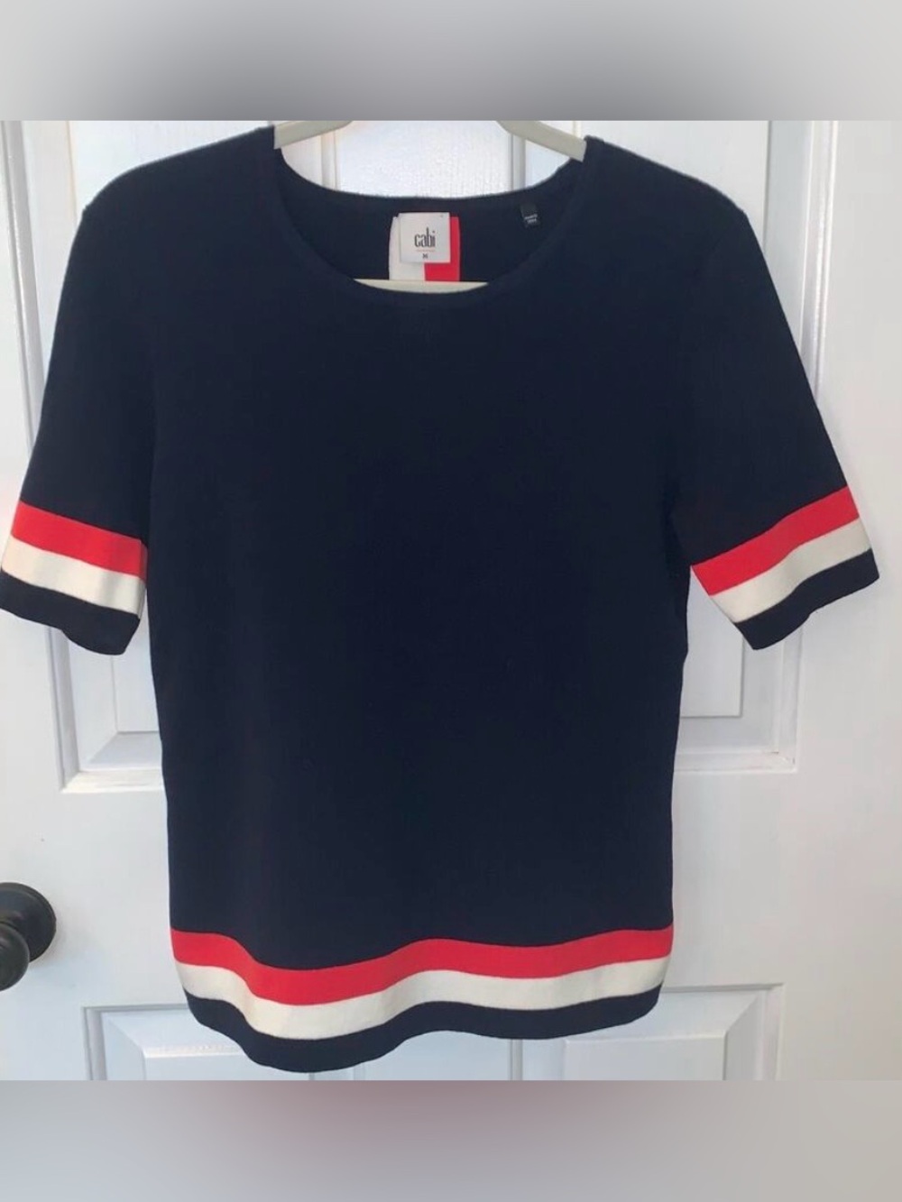 CABI Hampton Knit Sweater Top Size M Classic Navy, Pinkish Red, & White Stripe